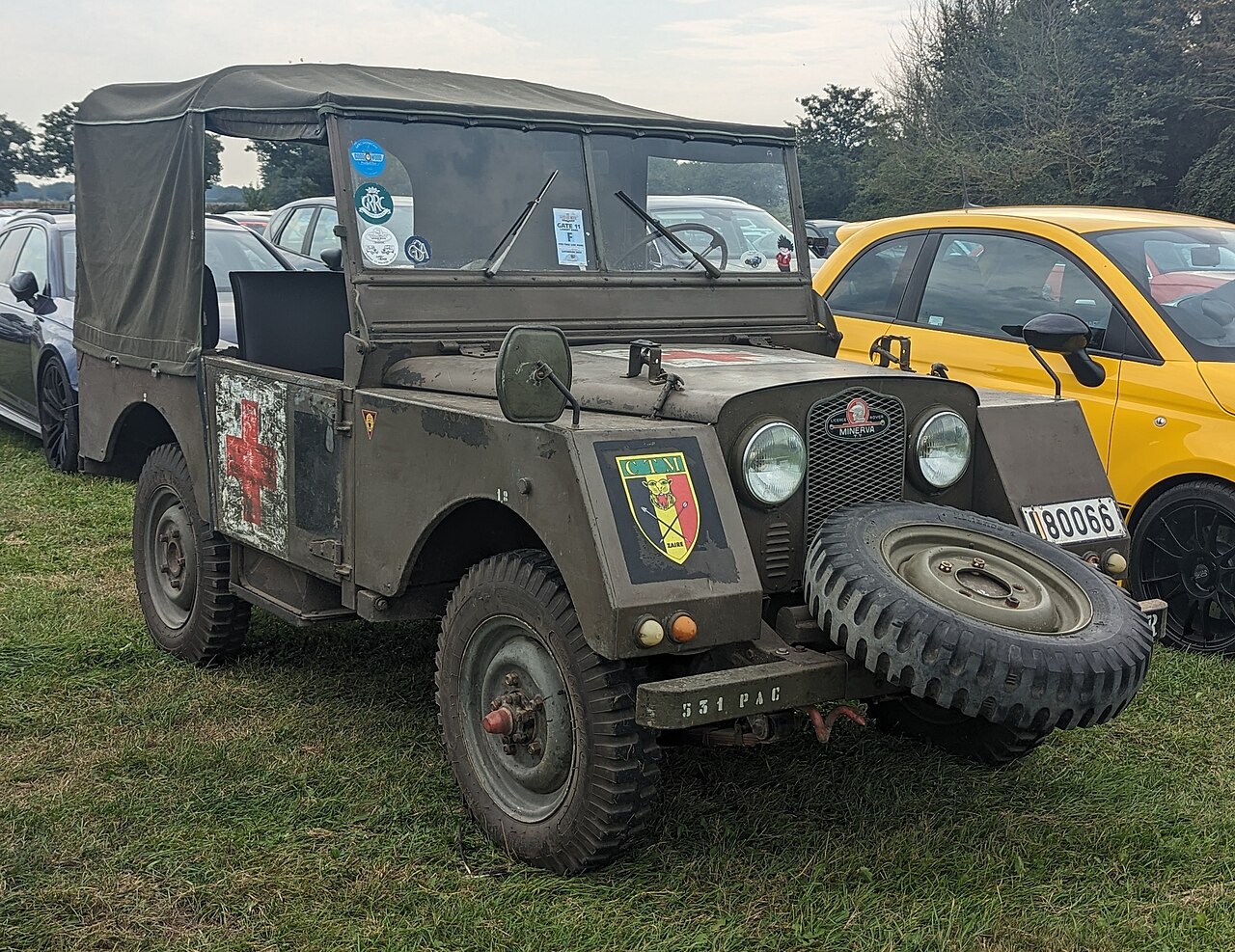 A preserved Minerva TT — the steel-bodied 80-inch Land Rover Minerva built at Mortsel for the Belgian Army, with the folded flat front wings that replaced Solihull's pressed curves.