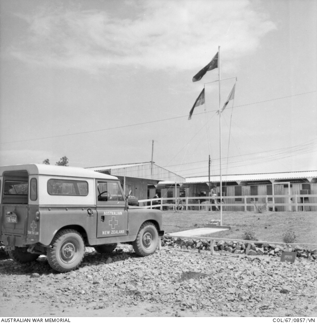 Context, not the subject: this 88-inch hard-top belonged to the Australian and New Zealand Red Cross Society, photographed in September 1967 outside 8th Field Ambulance at the 1st Australian Logistic Support Group base, Vung Tau. It is a different body on the same wheelbase, and shows the medical setting in which Forward Area Ambulances worked.